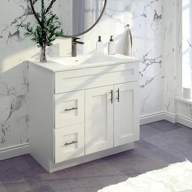 True White Shaker 42" Double Door Vanity Combo, Two Drawers Left