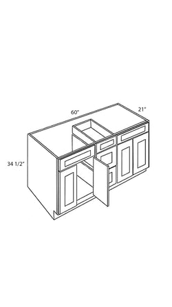 True White Shaker 60" Vanity Sink BaseWith Drawers in Middle: 2 Sink